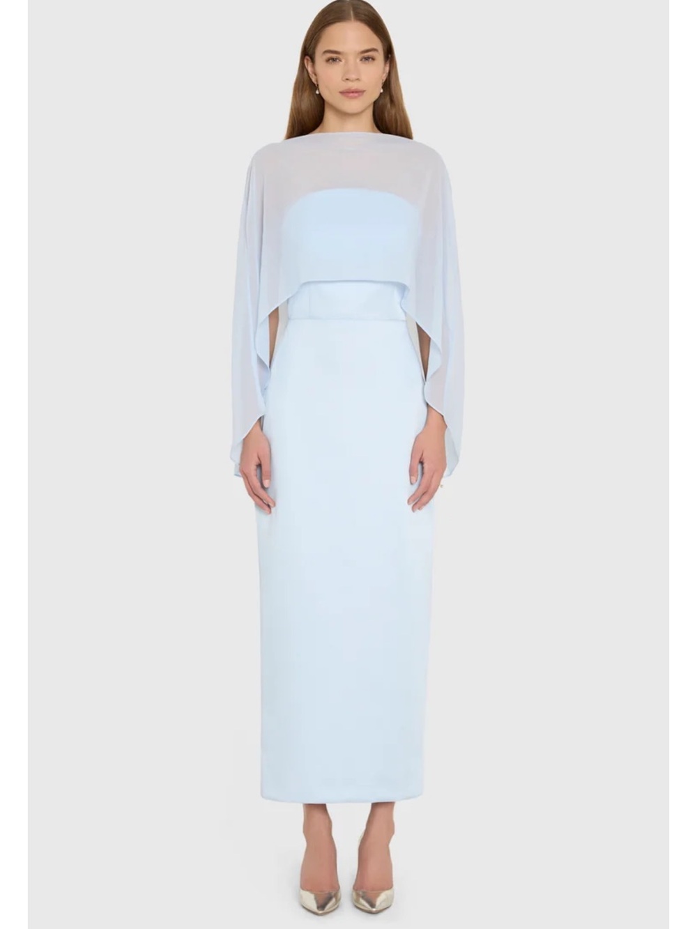 Amanda Uprichard Berkshire Pale Blue Midi Dress with Sheer Cape NWOT